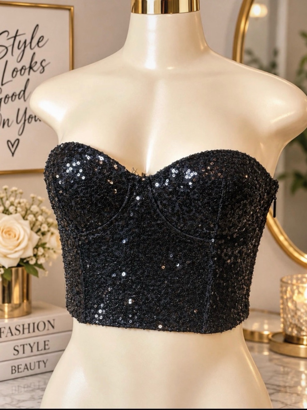 Sequin Strapless Bustier Crop Top in Black